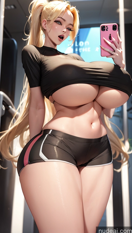 ai nude image of blond haired woman in black and pink outfit taking a selfie pics of Woman Busty Huge Boobs Perfect Boobs Beautiful Big Ass Big Hips Short Perfect Body 20s Orgasm Ahegao Blonde French Mirror Selfie Gym Back View Sports Bra Yoga Pants Huge Sagging Breasts Crop Shirt Underboob