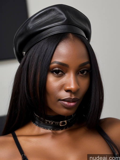 ai nude image of there is a woman wearing a black hat and a black bra pics of Woman Small Tits Skinny 30s Ponytail Jacket Jewelry Choker Hat Close-up View African Leather Cumshot