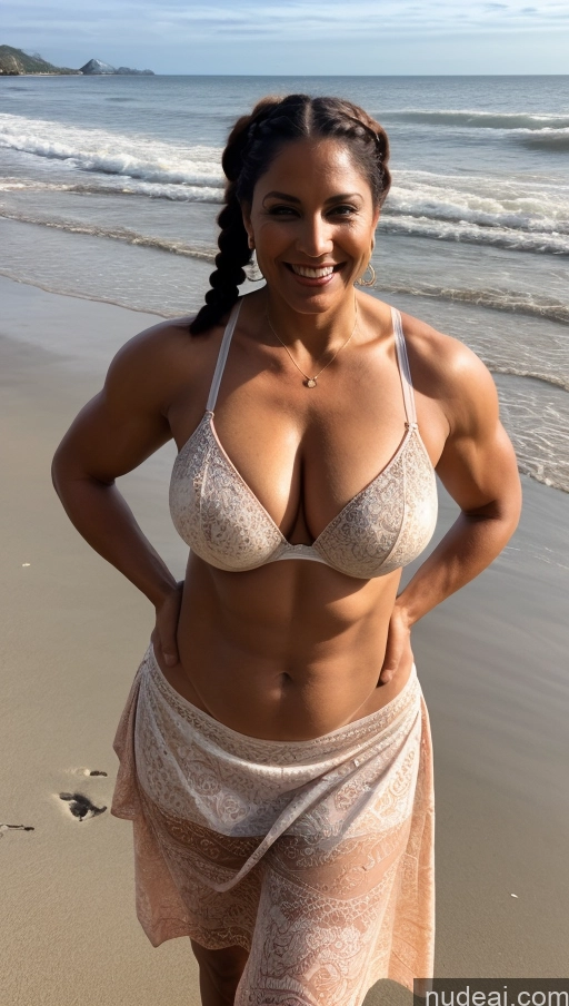 ai nude image of woman in a bikini posing on the beach with her hands on her hips pics of Milf Busty Beautiful Tattoos Muscular Big Ass Big Hips Tall Sexy Face Braided Indian Front View Dark Skin T-pose 50s Dark Lighting Thick Abs Beach Ginger Bra Long Skirt Perfect Boobs Happy