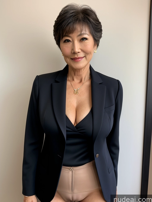 ai nude image of there is a woman in a black jacket and tan shorts posing for a picture pics of Milf Perfect Body Perfect Boobs Pubic Hair Beautiful 70s Pixie Nude Blouse Casual Suit Shirt Stylish Professor Detailed Cleavage Dark Lighting Japanese