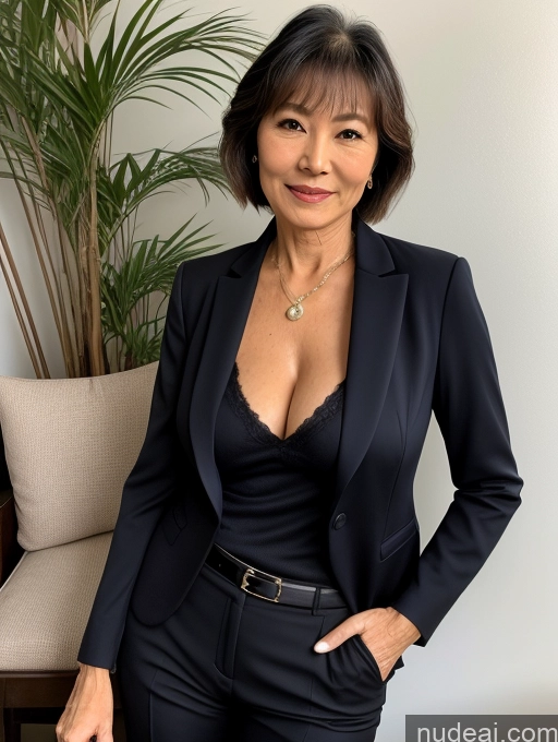 ai nude image of there is a woman in a black suit posing for a picture pics of Milf Perfect Body Perfect Boobs Pubic Hair Beautiful 70s Pixie Nude Blouse Casual Suit Shirt Stylish Professor Detailed Cleavage Dark Lighting Japanese