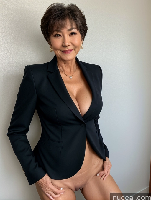 ai nude image of there is a woman in a black jacket and tan shorts posing pics of Milf Perfect Body Perfect Boobs Pubic Hair Beautiful 70s Pixie Nude Blouse Casual Suit Shirt Stylish Professor Detailed Cleavage Dark Lighting Korean