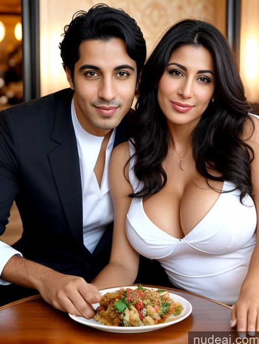 ai nude image of araffes woman in white dress and man in black suit sitting at a table pics of Woman + Man Two Huge Boobs 30s Orgasm Black Hair Straight Arabic Restaurant Sailor Cleavage