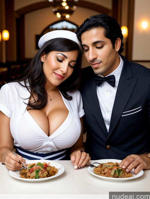 ai nude image of they are having a meal together in a restaurant with a waitress pics of Woman + Man Two Huge Boobs 30s Orgasm Black Hair Straight Arabic Restaurant Sailor Cleavage