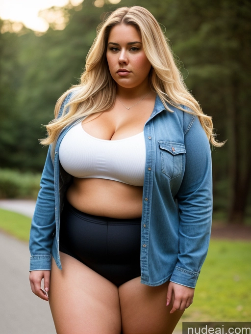 ai nude image of araffe woman in a white top and black shorts posing for a picture pics of One Fat Serious Blonde Long Hair German Film Photo Thick Big Ass Big Hips Busty 18 Front View Chubby Woman Casual