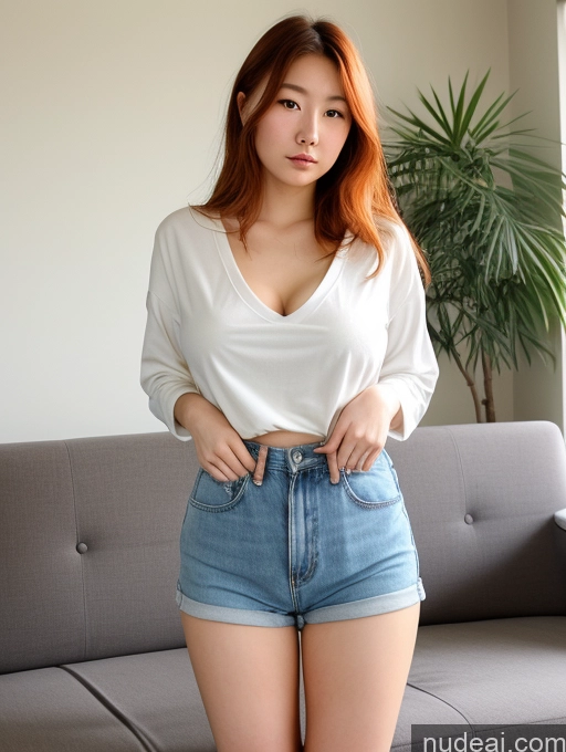 ai nude image of arafed asian woman in a white shirt and denim shorts posing for a picture pics of Woman Two Busty Perfect Boobs Beautiful Big Hips Big Ass Short Perfect Body Fairer Skin Chubby 18 Serious Sexy Face Ginger Messy Japanese Soft Anime Front View Jumping Couch Casual Bright Lighting Detailed Simple