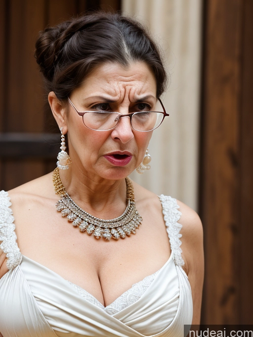 ai nude image of there is a woman in a white dress and glasses making a face pics of Milf Busty Skinny Short Pregnant 50s Shocked Angry Sad Brunette Hair Bun Glasses Jewish Dress Medieval Traditional Pearl Jewelry Cleavage