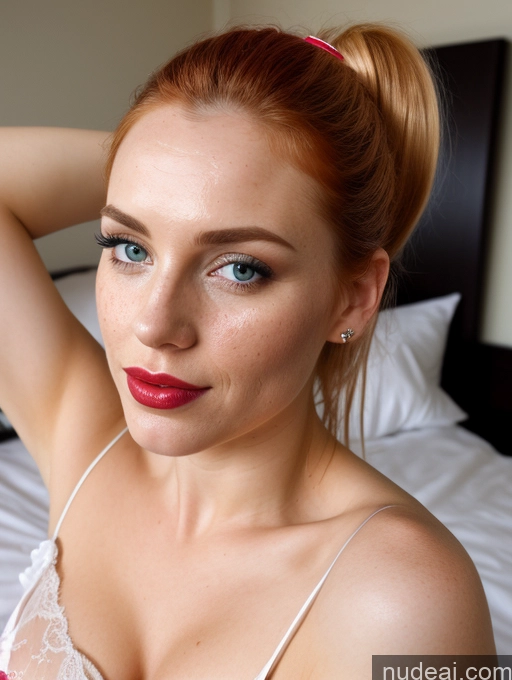 ai nude image of there is a woman with red hair and a white dress on a bed pics of Woman One Small Tits Lipstick 20s Seductive Blonde Ponytail Irish Bedroom Close-up View Cumshot Nightgown Dark Lighting