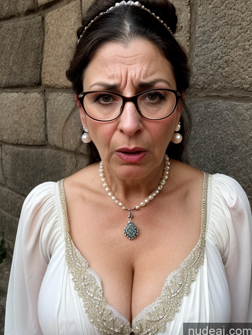 ai nude image of there is a woman wearing a white dress and a necklace pics of Milf Busty Skinny Short Pregnant 50s Shocked Angry Sad Brunette Hair Bun Glasses Jewish Dress Medieval Traditional Pearl Jewelry Cleavage