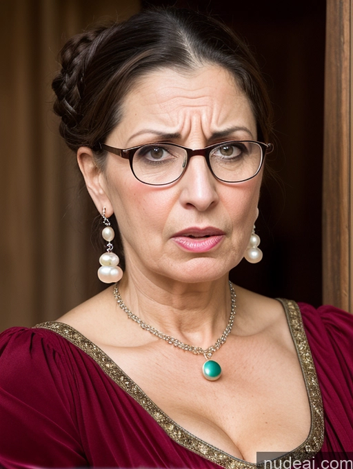 ai nude image of there is a woman with glasses and a necklace on looking at a cell phone pics of Milf Busty Skinny Short Pregnant 50s Shocked Angry Sad Brunette Hair Bun Glasses Jewish Dress Medieval Traditional Pearl Jewelry Cleavage