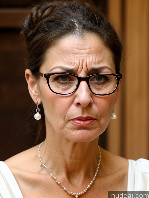 ai nude image of there is a woman with glasses and a necklace on looking at something pics of Milf Busty Skinny Short Pregnant 50s Shocked Angry Sad Brunette Hair Bun Glasses Jewish Dress Medieval Traditional Pearl Jewelry Cleavage