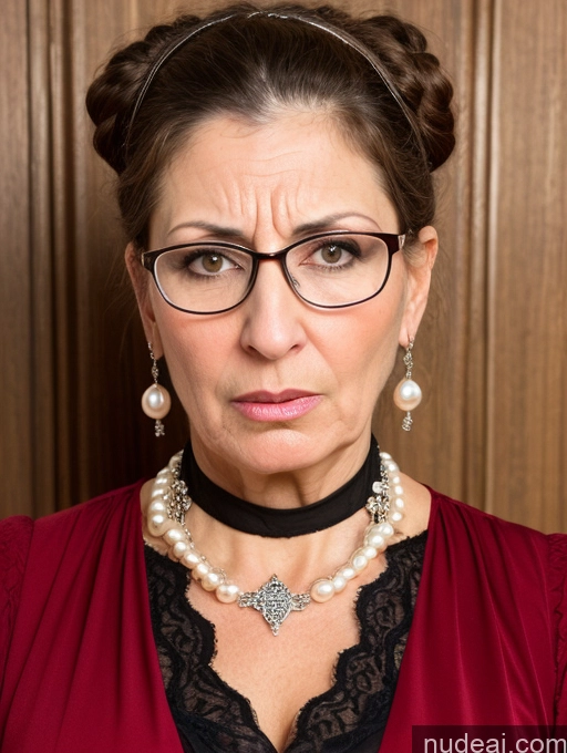 ai nude image of there is a woman with glasses and a necklace with pearls pics of Milf Busty Skinny Short Pregnant 50s Shocked Angry Sad Brunette Hair Bun Glasses Jewish Dress Medieval Traditional Pearl Jewelry Cleavage