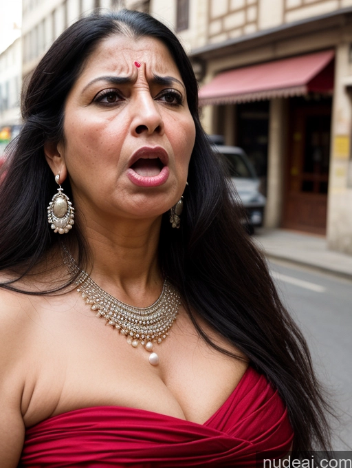 ai nude image of woman in red dress making face with open mouth on street pics of Milf Busty Skinny Short Pregnant 50s Shocked Angry Sad Dress Medieval Pearl Jewelry Cleavage Indian Black Hair Long Hair Street