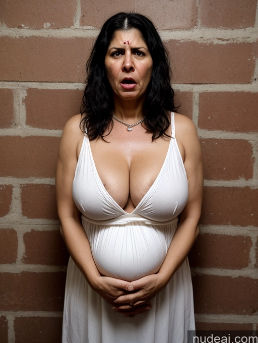 ai nude image of pregnant woman in white dress standing against a brick wall pics of Milf Busty Skinny Short Pregnant 50s Shocked Angry Sad Dress Medieval Pearl Jewelry Cleavage Indian Black Hair Long Hair Prison