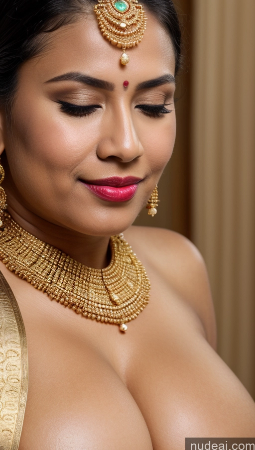 ai nude image of a close up of a woman wearing a gold necklace and earrings pics of Woman Busty Huge Boobs Beautiful Lipstick Big Ass Fairer Skin 50s Orgasm Black Hair Long Hair Indian Skin Detail (beta) Traditional Jewelry Gold Jewelry Bright Lighting Detailed Thong Close-up View Sari