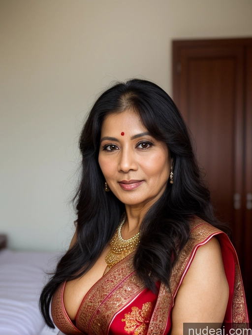 ai nude image of there is a woman in a red sari posing for a picture pics of Busty 50s Black Hair Long Hair Bedroom Close-up View Sari Simple Milf Thai Traditional