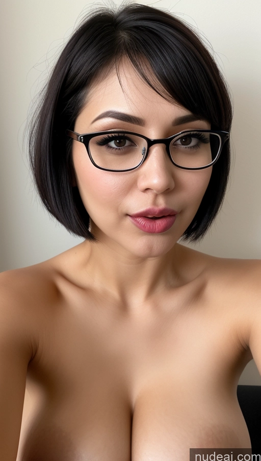 ai nude image of arafed asian woman with glasses and a big breast pics of Woman One Perfect Boobs Fairer Skin Black Hair Short Hair Close-up View Simple Detailed Glasses Busty Indian 30s Beautiful Pouting Lips Ahegao