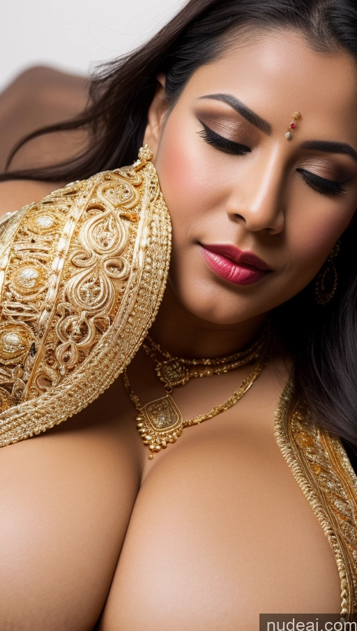 ai nude image of araffed woman in a gold dress with a gold bra pics of Woman Busty Huge Boobs Beautiful Lipstick Big Ass Fairer Skin 50s Orgasm Black Hair Long Hair Indian Skin Detail (beta) Traditional Jewelry Gold Jewelry Bright Lighting Detailed Thong Close-up View Sari