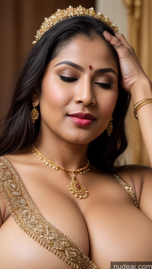 ai nude image of araffe woman in a gold dress with a tiable and a necklace pics of Woman Busty Huge Boobs Beautiful Lipstick Big Ass Fairer Skin 50s Orgasm Black Hair Long Hair Indian Skin Detail (beta) Traditional Jewelry Gold Jewelry Bright Lighting Detailed Thong Close-up View Sari