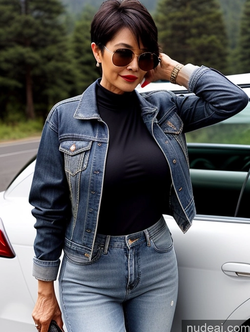 ai nude image of araffe woman in jeans and a black top standing next to a car pics of Milf Perfect Boobs Perfect Body Beautiful Sunglasses Lipstick 70s Sexy Face Pixie Chinese Car Bra Casual Jacket Jeans Stylish Cleavage Dark Lighting Detailed