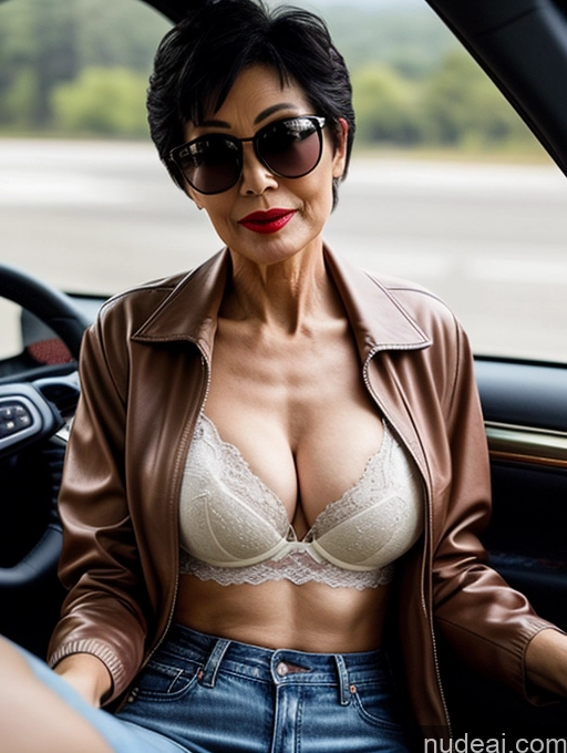 ai nude image of woman in a car with a leather jacket and sunglasses on pics of Milf Perfect Boobs Perfect Body Beautiful Sunglasses Lipstick Sexy Face Pixie Chinese Car Bra Casual Jacket Jeans Stylish Cleavage Dark Lighting Detailed 70s