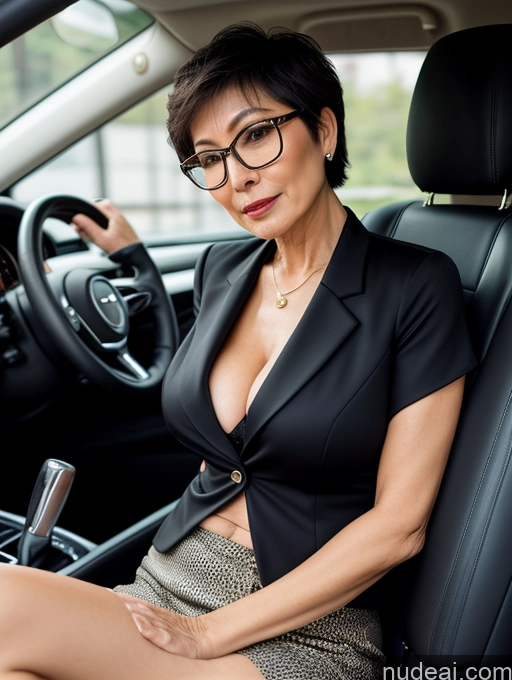 ai nude image of there is a woman sitting in a car with a black jacket pics of Milf Perfect Boobs Perfect Body Beautiful Glasses 70s Sexy Face Short Hair Chinese Car Blouse Bra Jacket Suit Stylish Professor Cleavage Detailed Dark Lighting