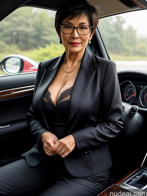 ai nude image of woman in a black suit sitting in a car with a laptop pics of Milf Perfect Boobs Perfect Body Beautiful Glasses 70s Sexy Face Short Hair Chinese Car Blouse Bra Jacket Suit Stylish Professor Cleavage Detailed Dark Lighting