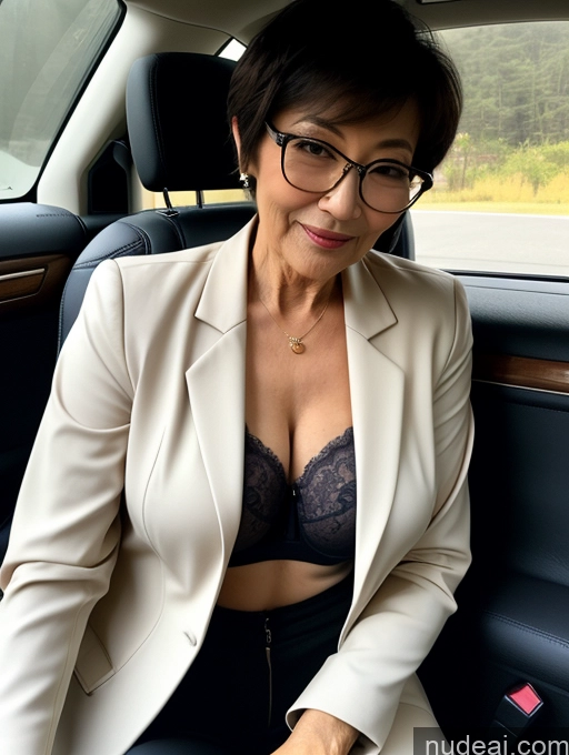 ai nude image of woman in a car with glasses and a bra top sitting in the back seat pics of Milf Perfect Boobs Perfect Body Beautiful Glasses 70s Sexy Face Short Hair Chinese Car Blouse Bra Jacket Suit Stylish Professor Cleavage Detailed Dark Lighting