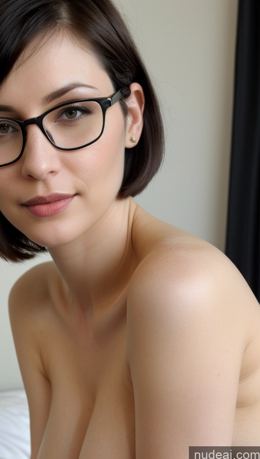 ai nude image of there is a woman with glasses posing on a bed pics of One Fairer Skin Short Hair Detailed Glasses Busty Perfect Boobs Woman Black Hair Close-up View Beautiful Indian 30s