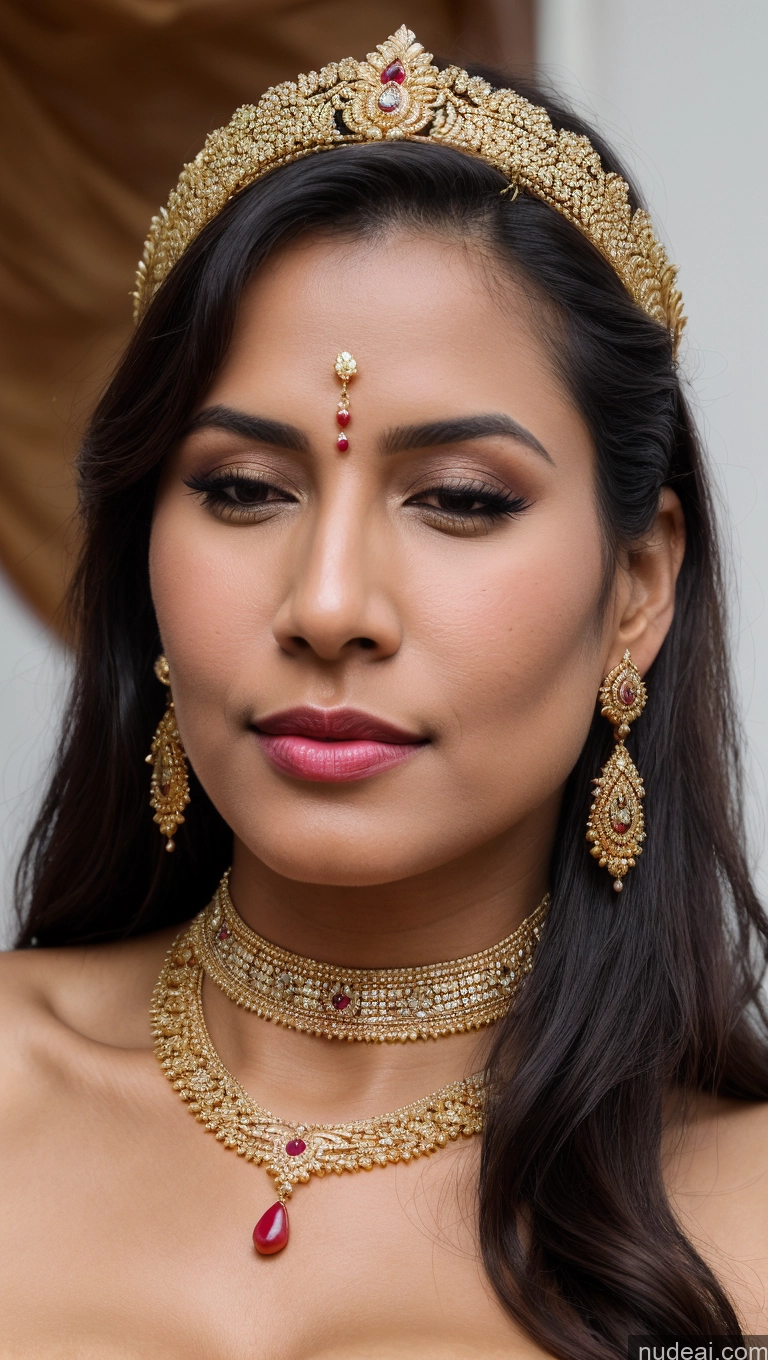 ai nude image of a close up of a woman wearing a gold necklace and earrings pics of Woman Busty Huge Boobs Beautiful Lipstick Big Ass Fairer Skin 50s Orgasm Black Hair Long Hair Indian Skin Detail (beta) Traditional Jewelry Gold Jewelry Bright Lighting Detailed Thong Sari Close-up View