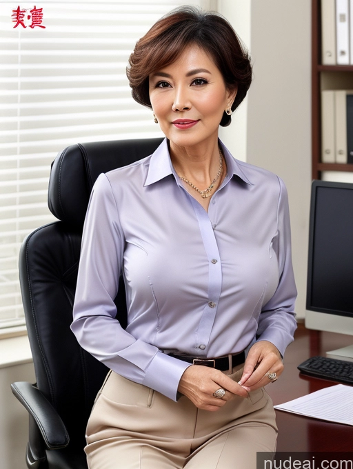 ai nude image of there is a woman sitting at a desk with a computer pics of Milf Perfect Boobs Beautiful Perfect Body Pubic Hair 70s Pixie Chinese Nude Blouse Casual Professor Shirt Stylish Suit Cleavage Detailed Office