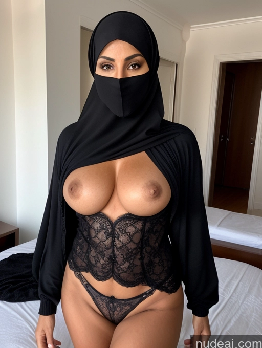 ai nude image of araffe wearing a black hijab and a black lingerie pics of Milf Perfect Boobs Perfect Body Beautiful Pubic Hair 60s Arabic Bedroom Nude Bra Niqab Sweater Cleavage Partially Nude Dark Lighting Detailed