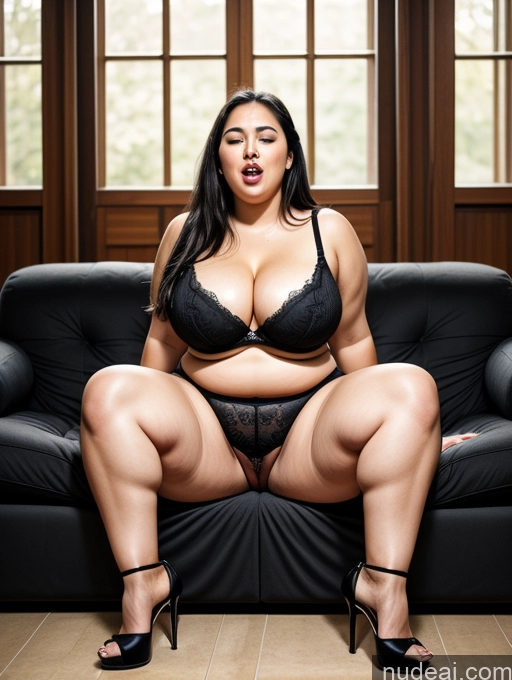 ai nude image of araffe woman in black lingerie sitting on a black couch pics of Woman Busty Big Ass Thick Chubby Big Hips Fairer Skin 30s Orgasm Laughing Seductive Sexy Face Serious Egyptian Slicked Black Hair Detailed Simple SplitSitting Fat High Heels