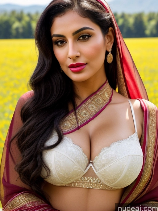 ai nude image of a woman in a white bra top and red sari posing in a field pics of Milf One Busty Beautiful Lipstick Big Ass Thick Big Hips Perfect Body Long Hair Fairer Skin 20s Pouting Lips Black Hair Arabic Meadow Sari Bright Lighting Detailed Sexy Face