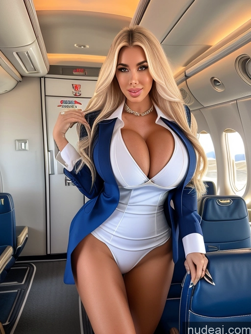 ai nude image of arafed woman in a blue suit and white shirt on a plane pics of One Huge Boobs 20s Long Hair White Cleavage Bimbo Flight Attendant