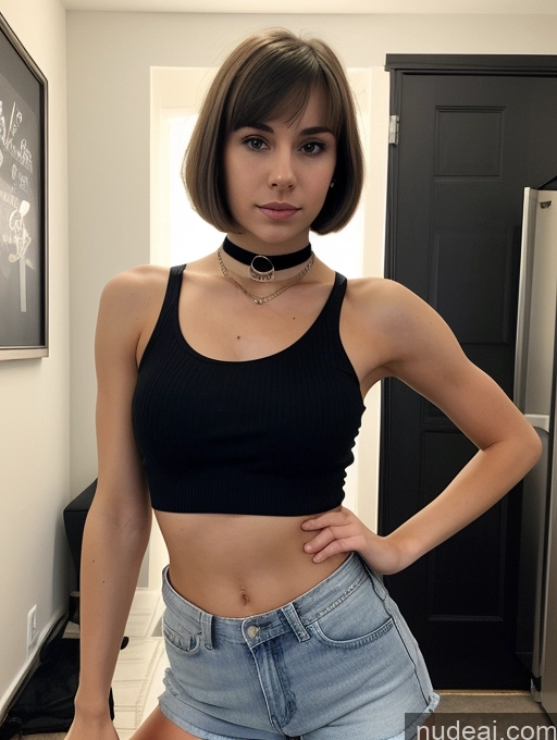 ai nude image of arafed woman in a black top and denim shorts posing for a picture pics of Sorority Skinny Small Ass Abs Perfect Boobs Beautiful Fairer Skin Serious Brunette Short Hair Choker Daisy Dukes Crop Top Party 18