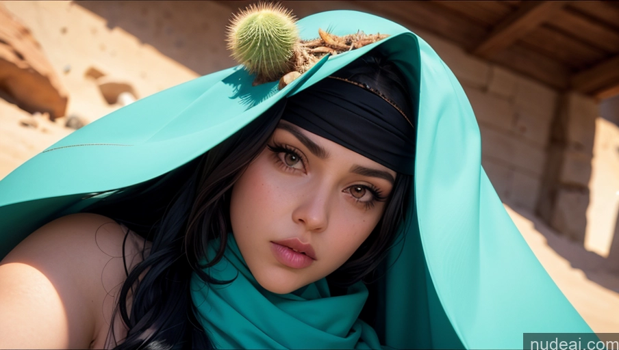 ai nude image of arafed woman with a cactus on her head and a scarf pics of Woman One Front View Long Hair Illustration 20s Tanned Skin Chubby Arabic Black Hair Niqab Desert Small Tits Beautiful Thick Fat Tall Serious