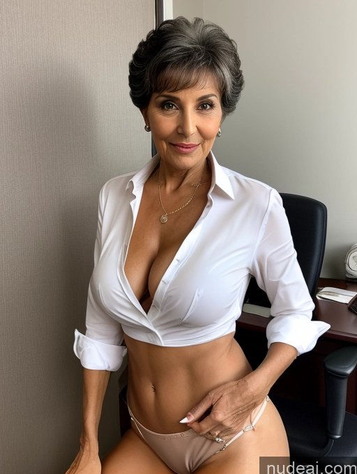 ai nude image of there is a woman in a white shirt and tan panties posing pics of Milf Perfect Boobs Beautiful Perfect Body Pubic Hair Dark Skin 80s Pixie Arabic Office Nude Blouse Casual Professor Shirt Stylish Suit Cleavage Partially Nude Dark Lighting Detailed