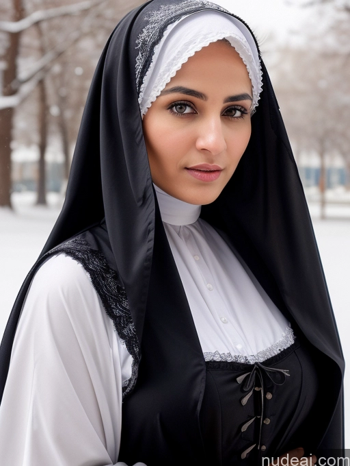 ai nude image of nun in black and white outfit posing for a picture in the snow pics of Busty Skinny Short Shocked Sad Blonde Ponytail Arabic Dress Victorian Dark Skin Nun Niqab Snow