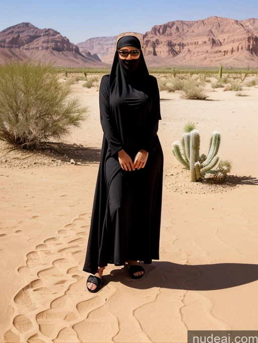 ai nude image of woman in black dress standing in desert with desert mountains in background pics of Busty Skinny Short Shocked Sad Blonde Ponytail Arabic Dress Dark Skin Nun Niqab Desert One Piece Swimsuit