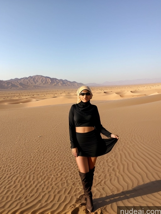 ai nude image of araffe woman in black dress and knee high boots standing in the desert pics of Busty Skinny Short Shocked Sad Blonde Ponytail Arabic Dress Dark Skin Niqab Desert Traditional Mini Skirt Boots