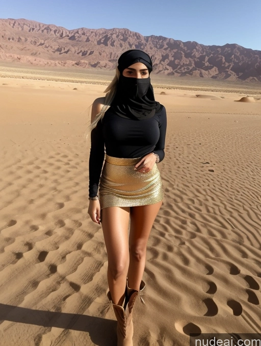 ai nude image of araffe in a black top and gold skirt in the desert pics of Busty Skinny Short Shocked Sad Blonde Ponytail Arabic Dress Dark Skin Niqab Desert Traditional Mini Skirt Boots