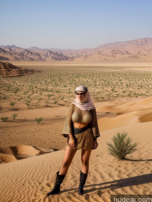 ai nude image of araffe woman in a desert with a desert landscape in the background pics of Busty Skinny Short Shocked Sad Blonde Ponytail Arabic Dress Dark Skin Niqab Desert Traditional Mini Skirt Boots Medieval