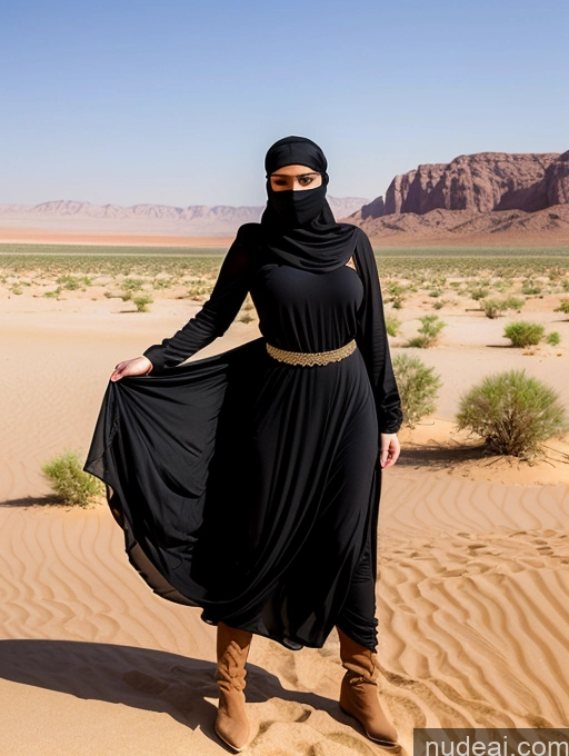 ai nude image of araffe woman in black dress and scarf standing in desert pics of Busty Skinny Short Shocked Sad Blonde Ponytail Arabic Dress Dark Skin Niqab Desert Traditional Boots Medieval