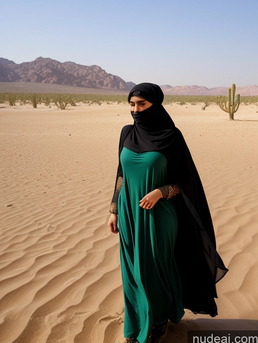 ai nude image of araffe woman in a green dress and black shawl walking in the desert pics of Busty Skinny Short Shocked Sad Blonde Ponytail Arabic Dress Dark Skin Niqab Desert Traditional Boots Medieval