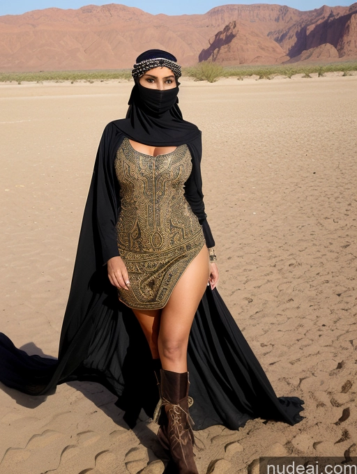 ai nude image of araffe in a black and gold dress and a black scarf pics of Busty Skinny Short Shocked Sad Blonde Ponytail Arabic Dress Dark Skin Niqab Desert Traditional Boots Medieval Milf