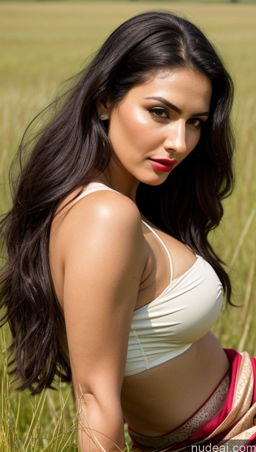 ai nude image of araffe woman in a white top and pink skirt in a field pics of Milf One Busty Beautiful Lipstick Big Ass Thick Big Hips Perfect Body Long Hair Fairer Skin 20s Pouting Lips Black Hair Meadow Sari Bright Lighting Detailed Sexy Face British