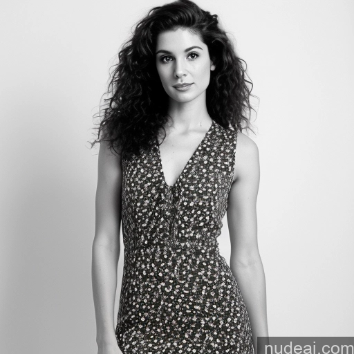 ai nude image of arafed woman with curly hair wearing a dress and posing for a picture pics of Brunette Curly Hair White Black And White Front View Skinny Beautiful Dress 80s 30s