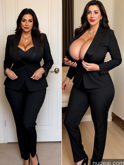 ai nude image of araffed woman in a black suit and heels posing for a picture pics of Milf Busty Huge Boobs Beautiful Lipstick Big Ass Skinny Abs Thick Big Hips Long Legs Pubic Hair Long Hair Black Hair Turkish Suit