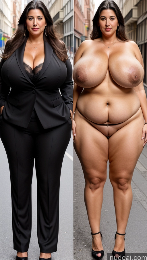 ai nude image of arafed woman in a black suit and a woman in a black suit pics of Milf Busty Huge Boobs Beautiful Lipstick Big Ass Skinny Abs Thick Big Hips Long Legs Pubic Hair Black Hair Long Hair Turkish Suit Panties Onoff Street 70s